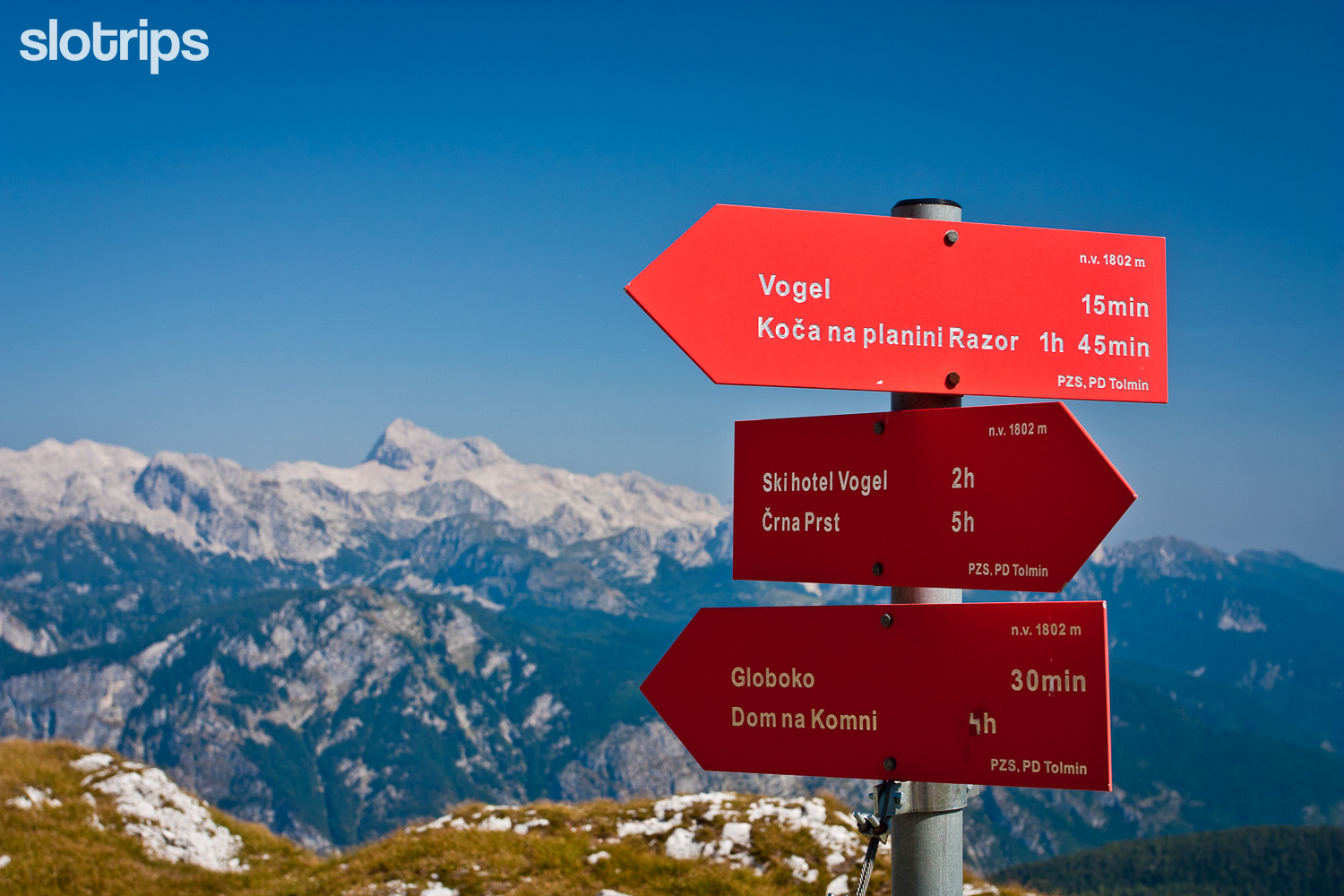 Hiking signposts in the Julian Alps, Slovenia