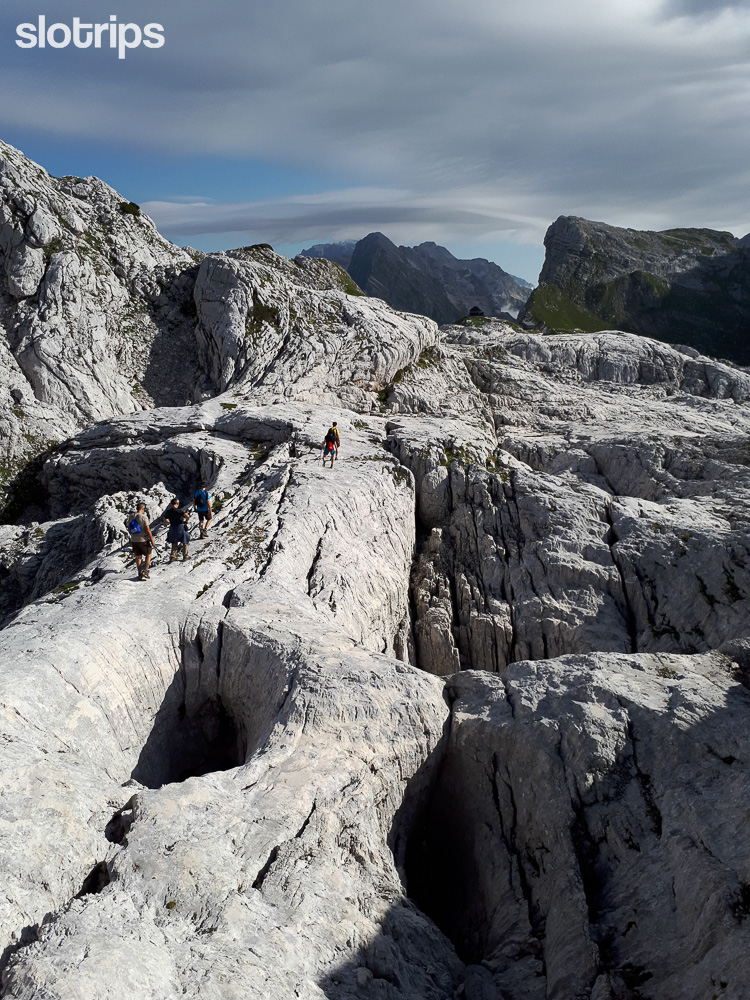 Walking across the karstic terrain of the Triglav National Park, Slovenia