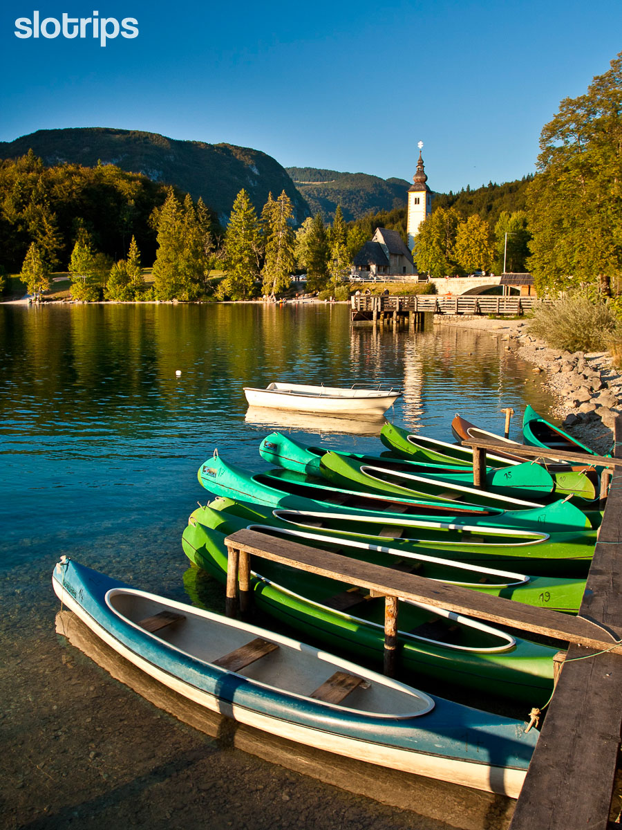 Boats in Ribcev Laz at Lake Bohinj, Slovenia