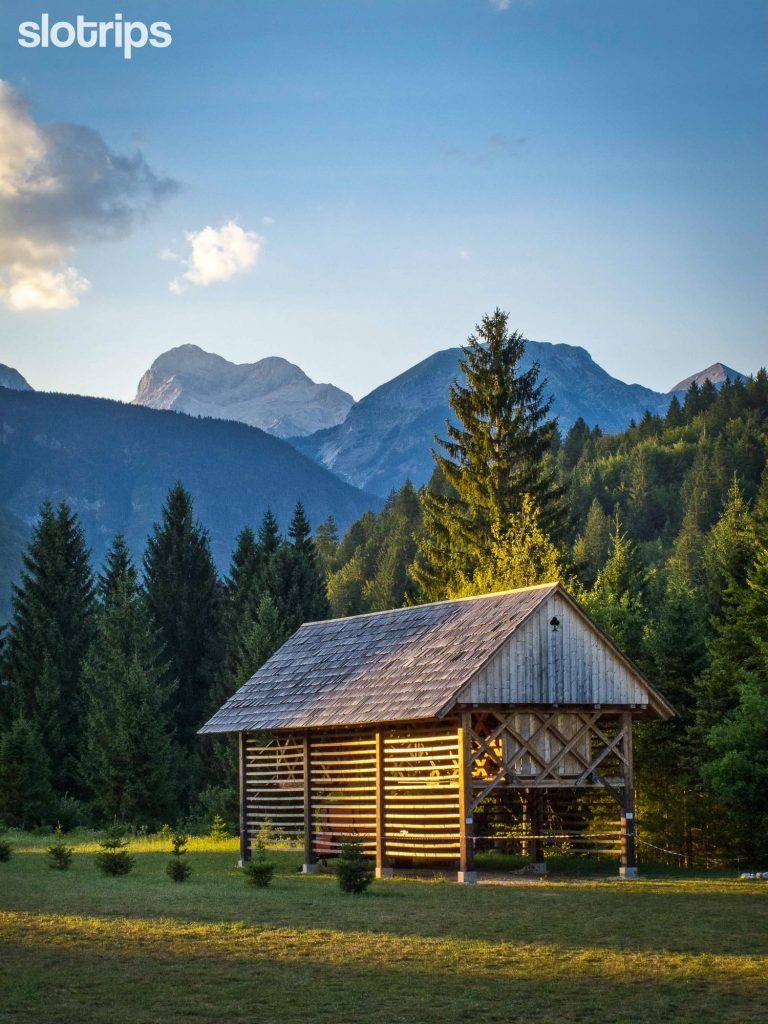 View of hayrack and Mt. Triglav in the background