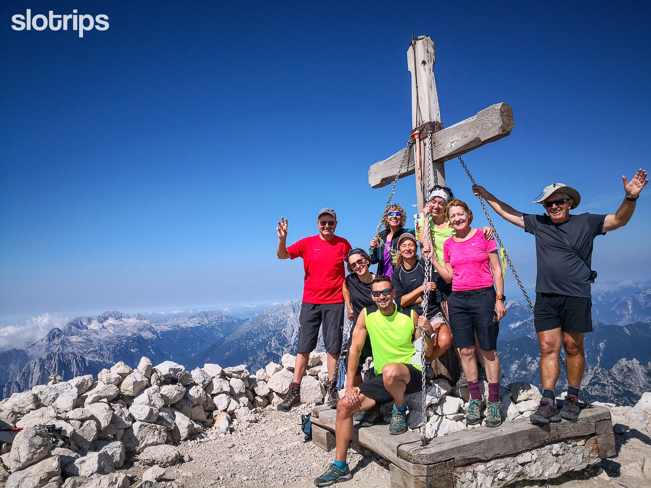 Hikers on the summit of Mt. Mangart, Slovenia
