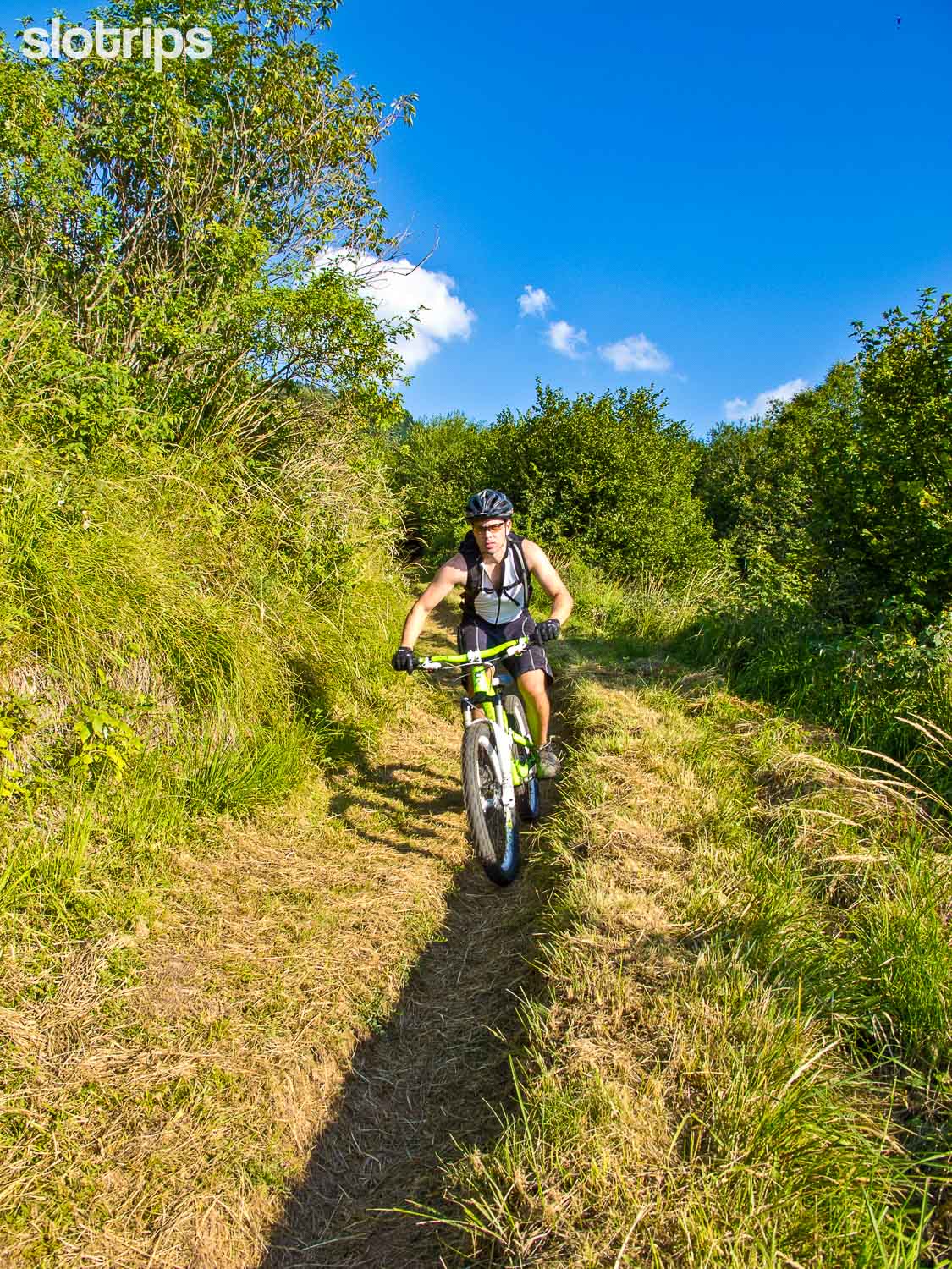 A mountain biker descending on a smooth single trail in the Julian Alps, Slovenia