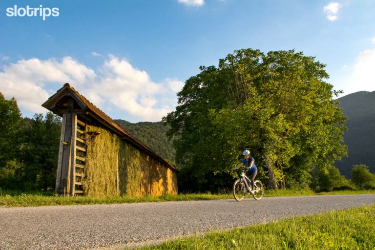 A biker biking on a low-traffic asphalt road through the Slovenian countryside with a traditional single straight-line hayrack in the background
