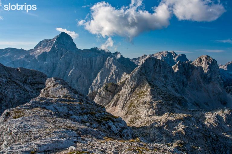 The highest mountain in Slovenia, Mt. Triglav, from the mountains above the Kriski Podi mountain Plateau in the Julian Alps, Slovenia