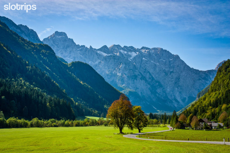 The Logar valley in the Kamnik-Savinja Alps in Slovenia with Mt. Ojstrica in the background