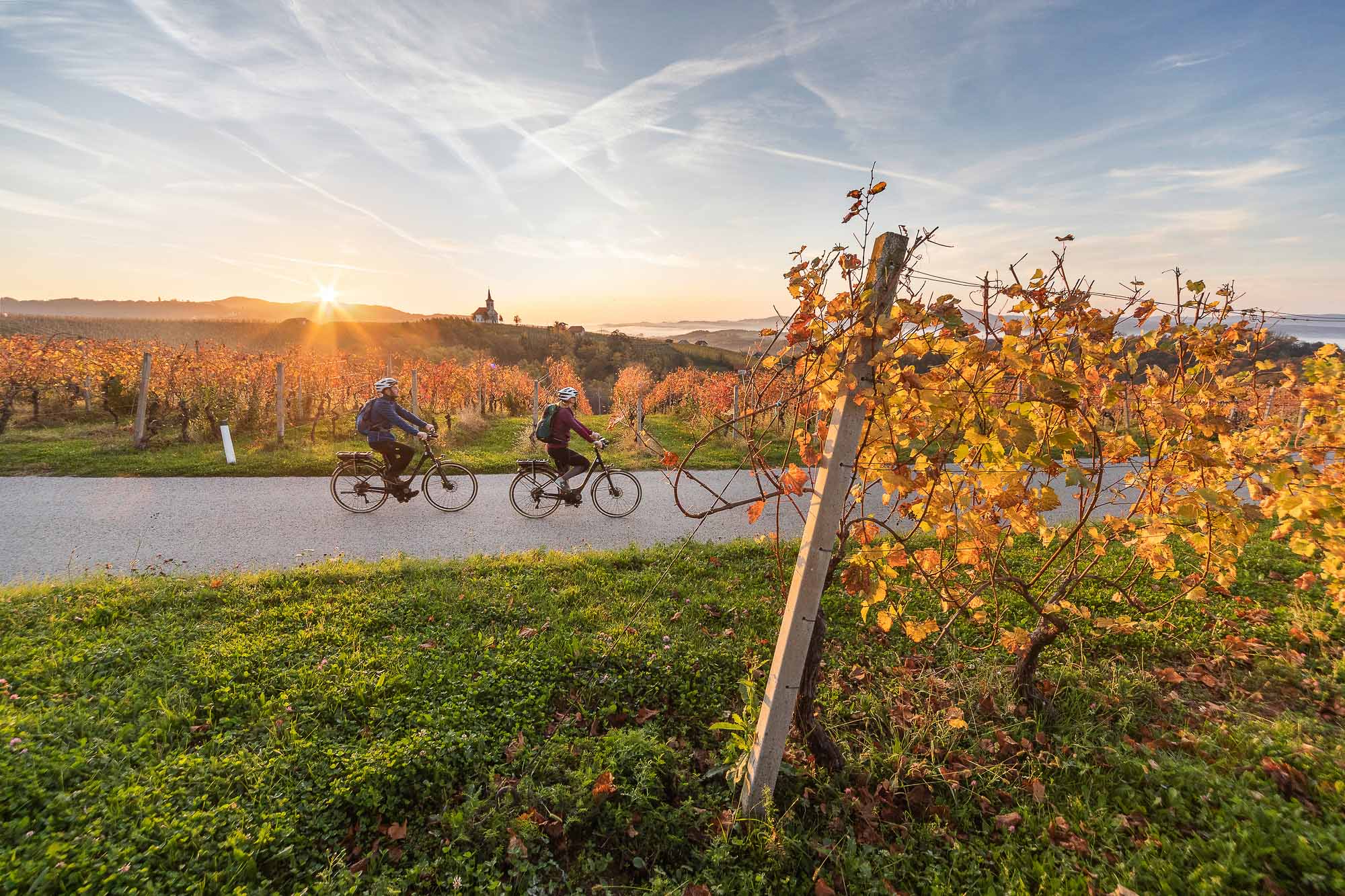 Bikers on an autumn sunset biking trip through the reddish vineyards in Bela Krajina.