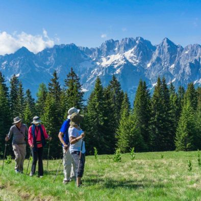 Senior travelers crossing a