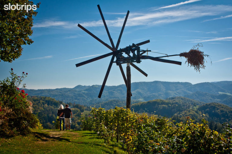 A couple underneath a wind rattle in the vineyards of Styria region