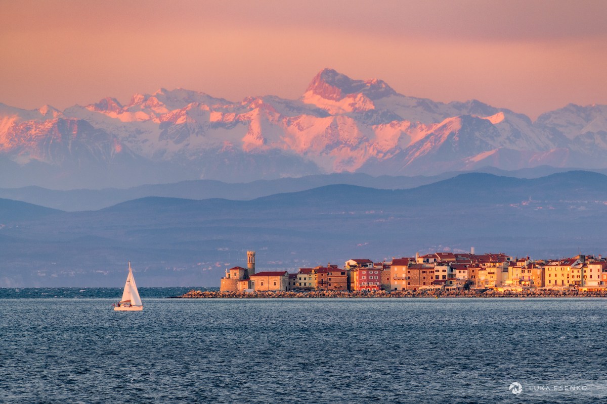 Best photography locations in Slovenia, Piran with Mt. Triglav in winter