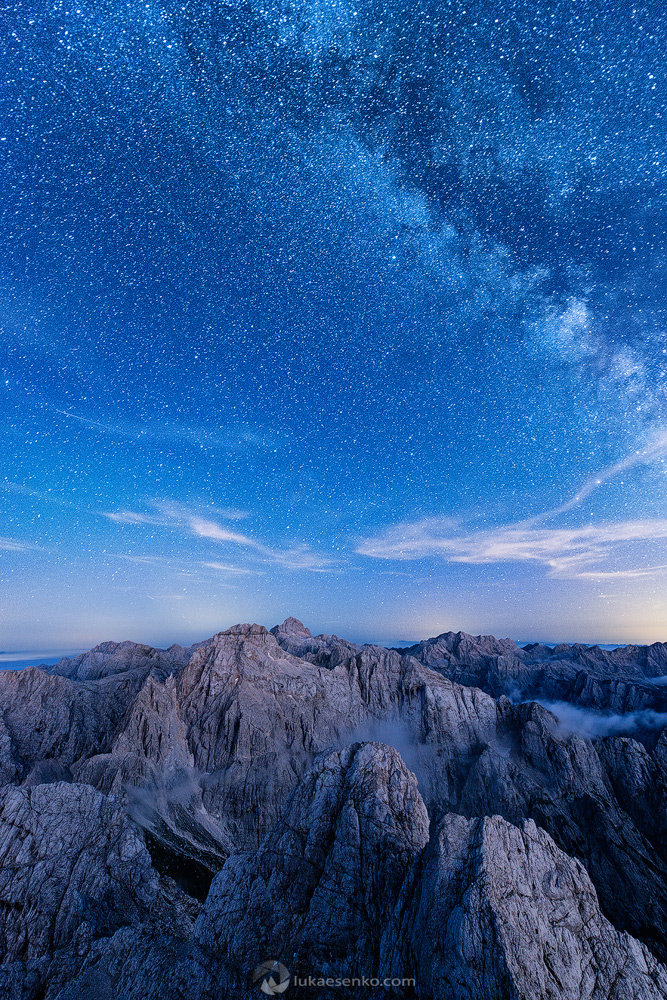 Starry night above the peaks in the Triglav National Park, best photo in Julian Alps