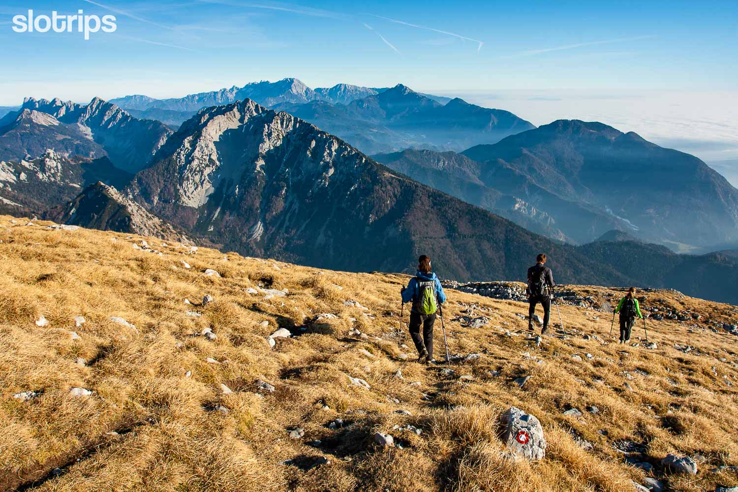 Hikers on Mt. Stol in Karawanke mountain chain, Slovenia
