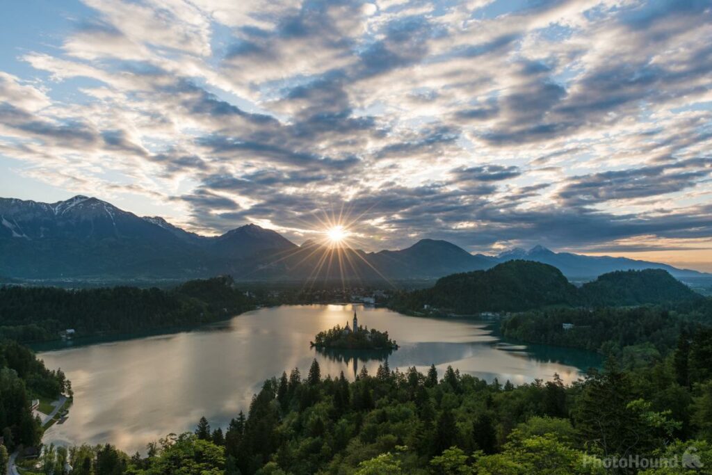Sunrise view of Lake Bled from Ojstrica viewpoint, best photo spot at Lake Bled