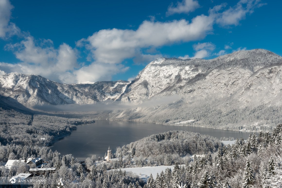 Winter shot of Lake Bohinj from pec viewpoint, best photo location at Lake Bohinj