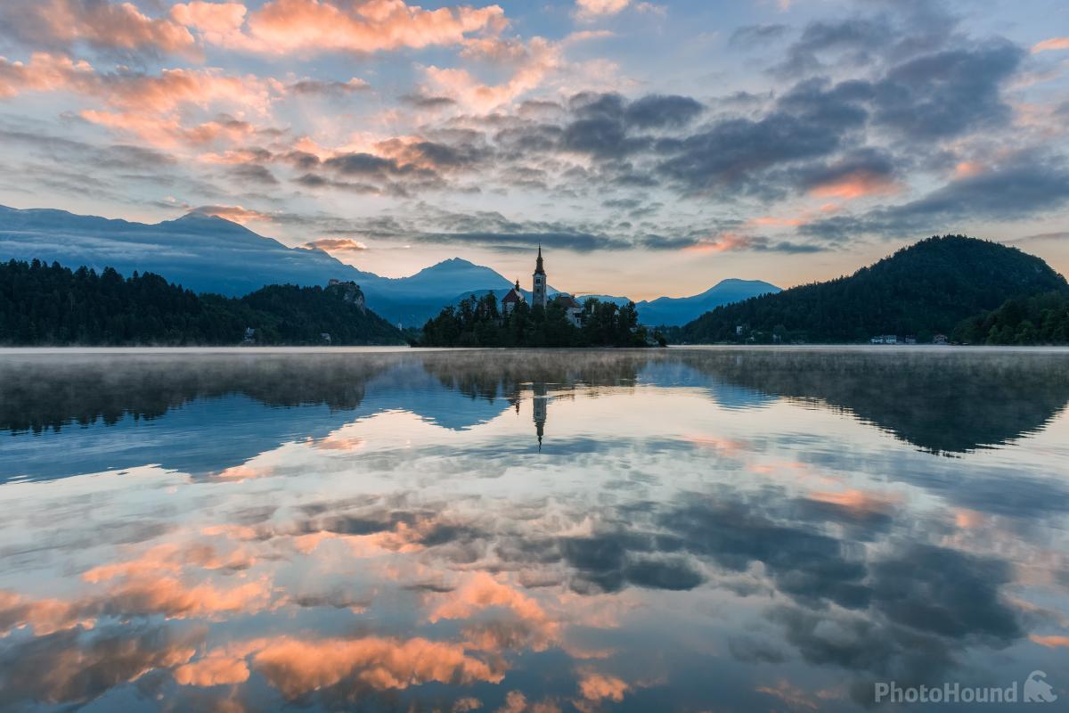Morning reflections on Lake Bled, best photopgarphy spots in Slovenia