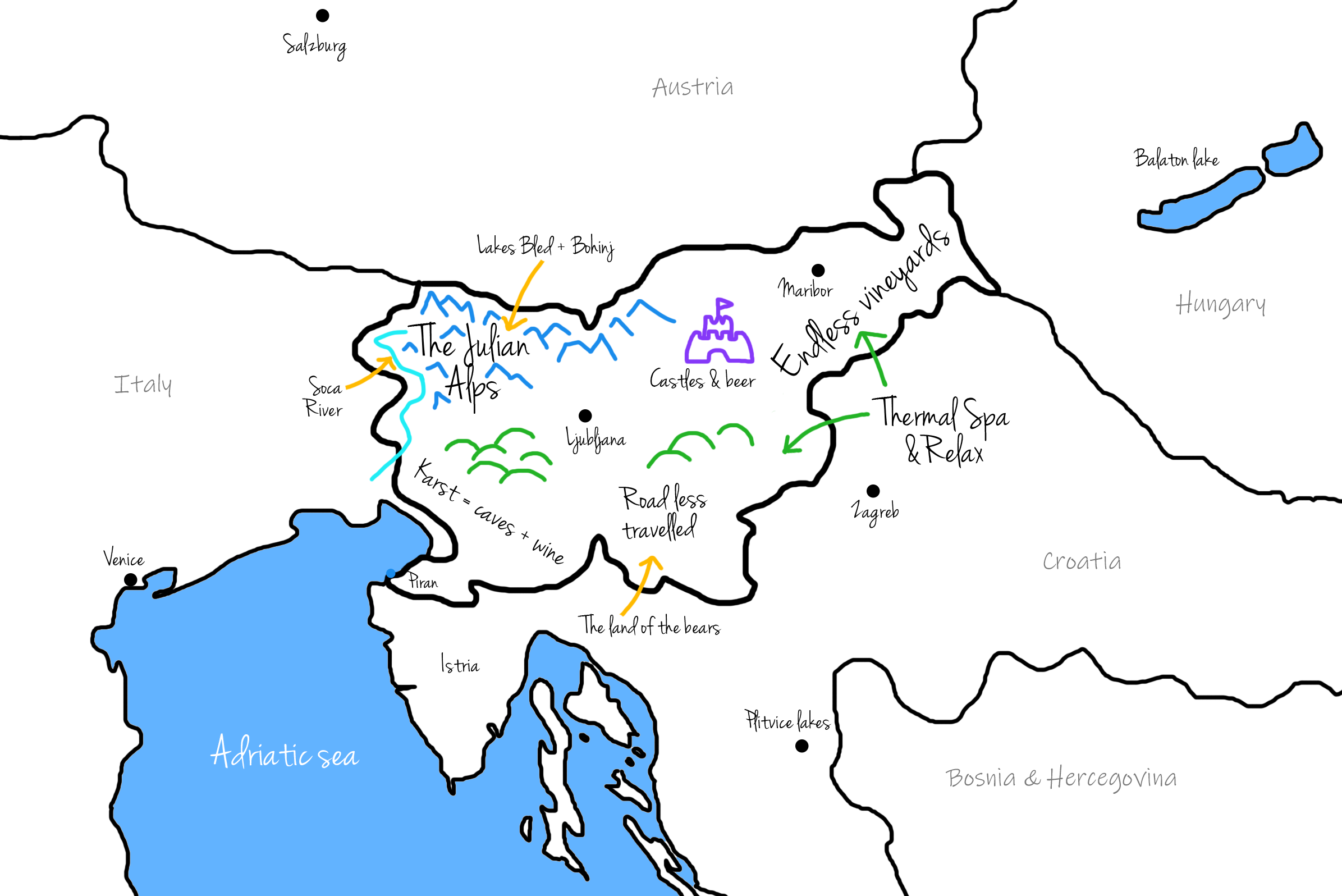 Map of Slovenia with exciting things to see
