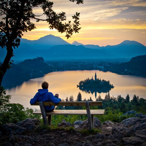 Sunrise from Ojstrica viewpoint above Lake Bled during our walking holidays in Slovenia