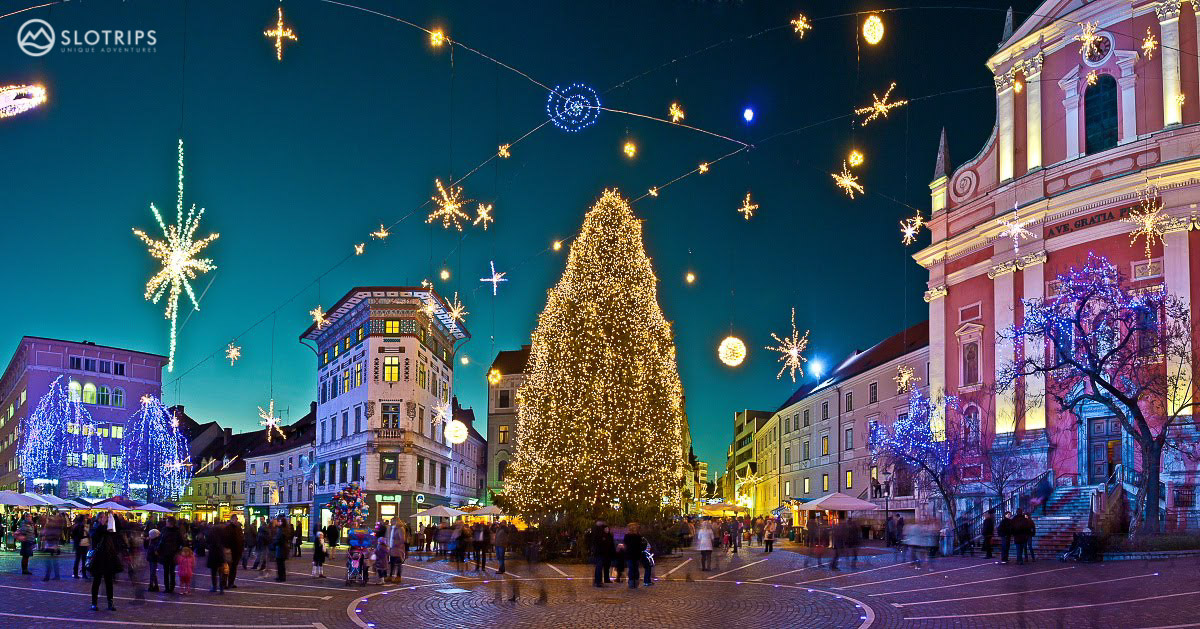 Christmas lights on Preseren square in Ljubljana, Slovenia