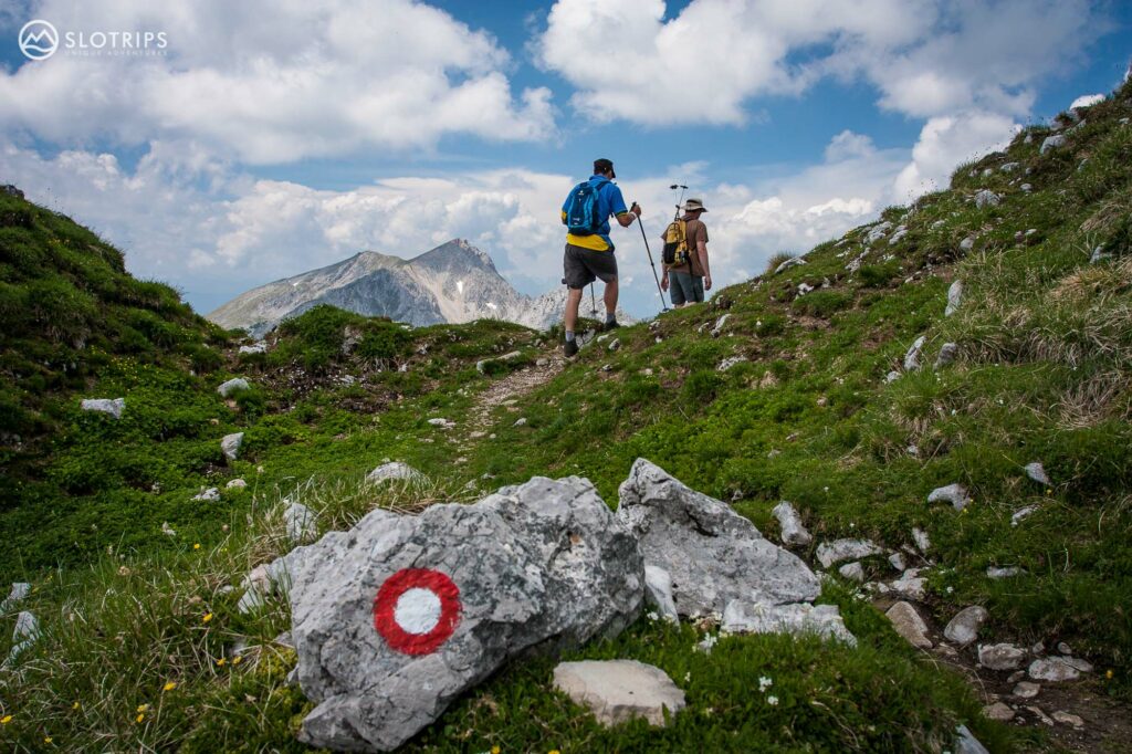 Hiking marker in Karawanke Alps in Slovenia