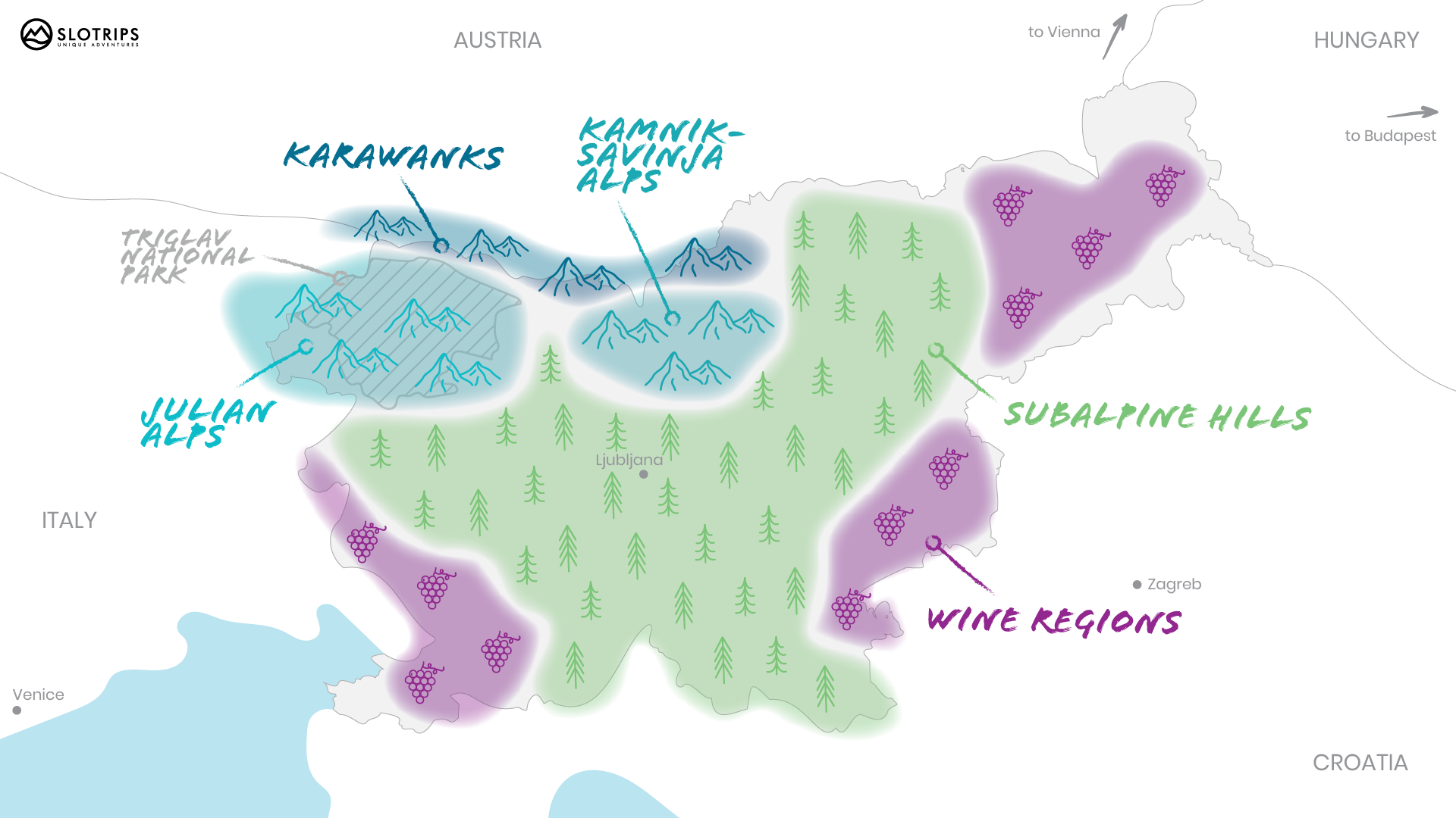 Illustated map of hiking regions in Slovenia