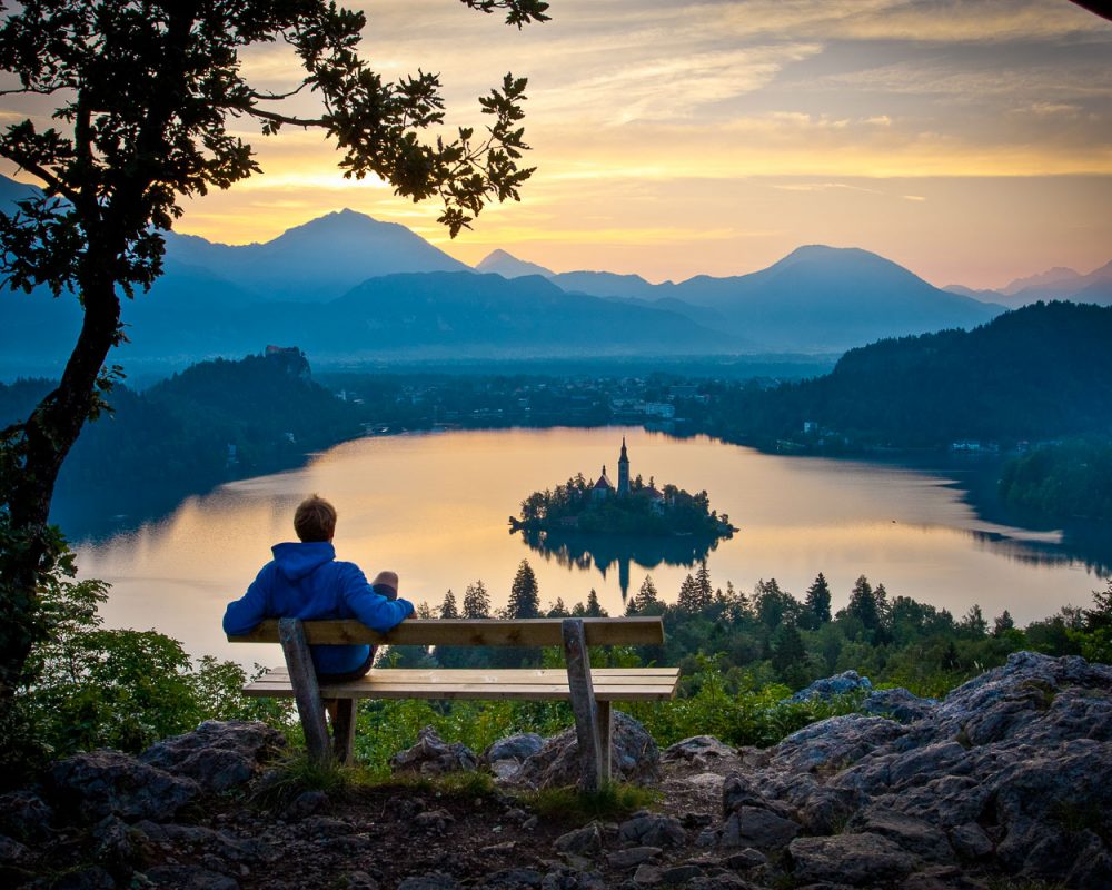 Lake Bled at sunrise from Ojstrica viewpoint