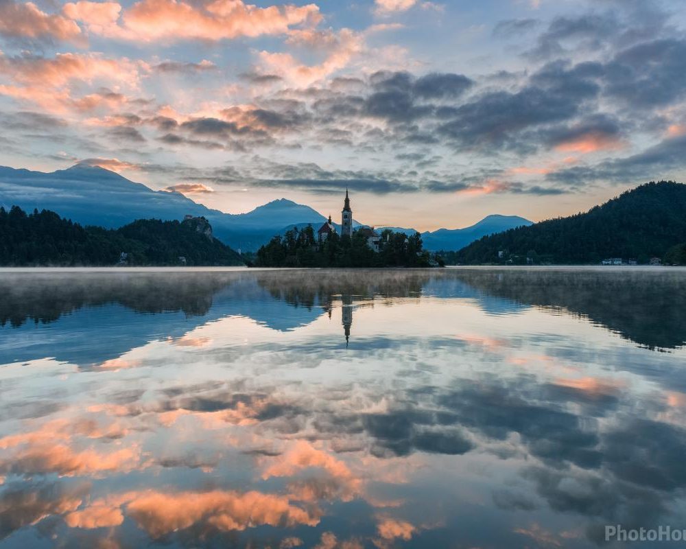 Morning reflections on Lake Bled, best photopgarphy spots in Slovenia