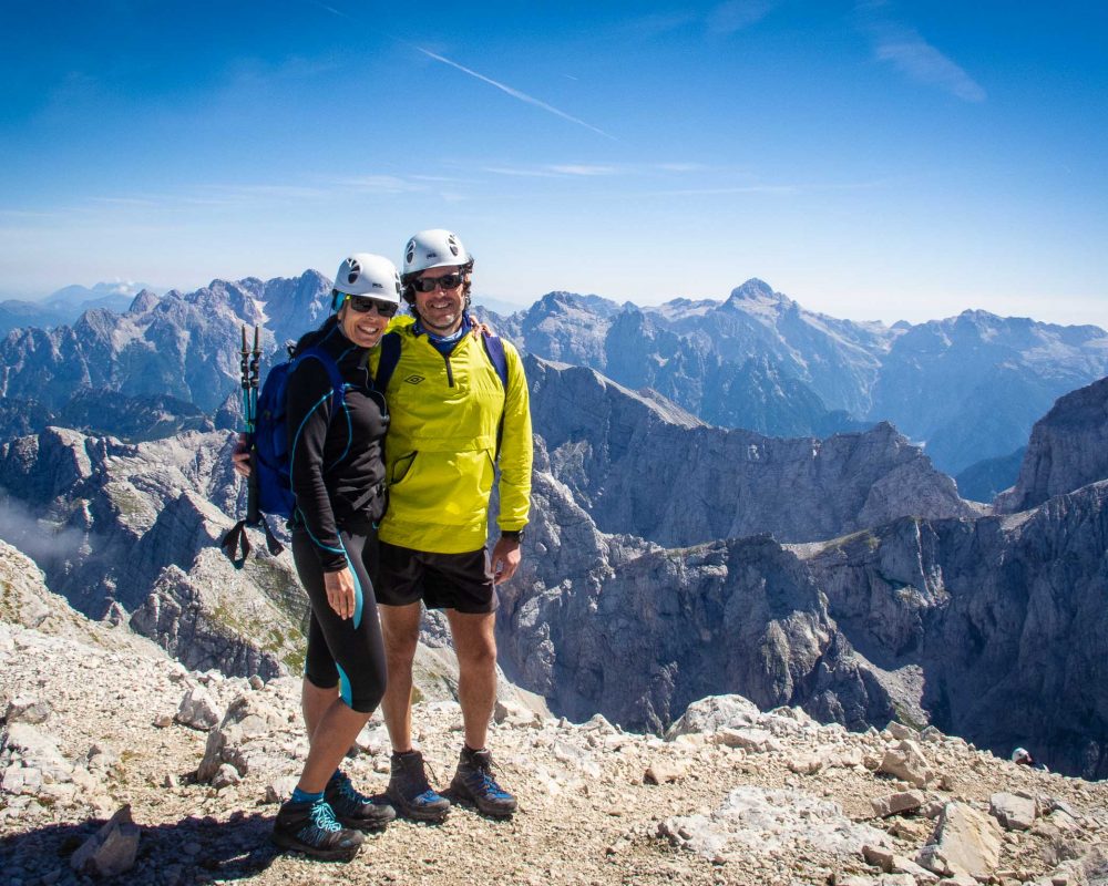 Hikers on the summit of Mt. Mangart in the Julian Alps, Slovenia