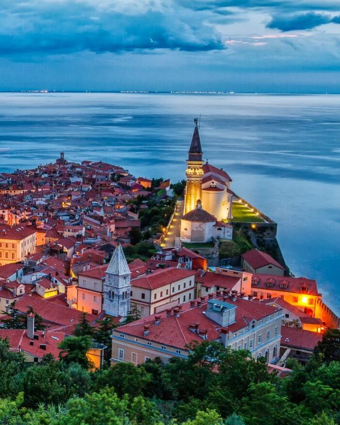 Beautiful evening shot of Piran from the city walls, Slovenia