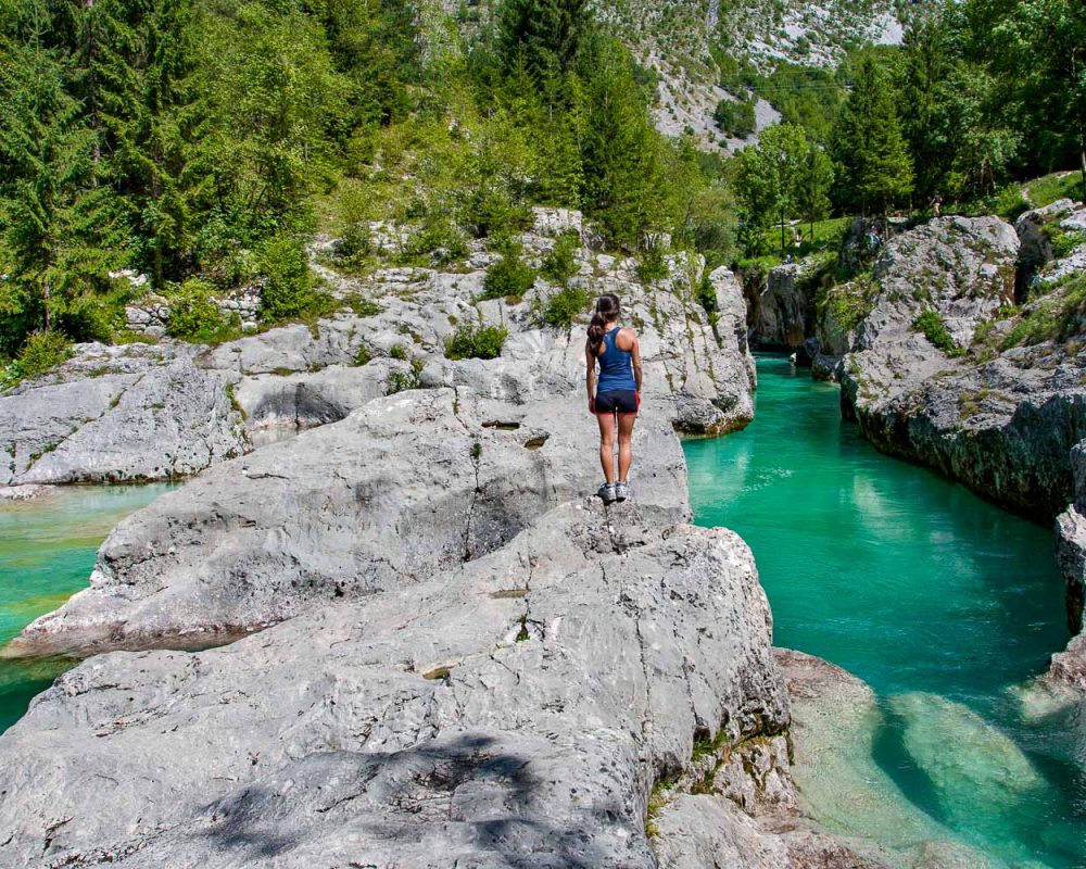 Walking along the Alpe-Adria trail in the Soca valley, Slovenia