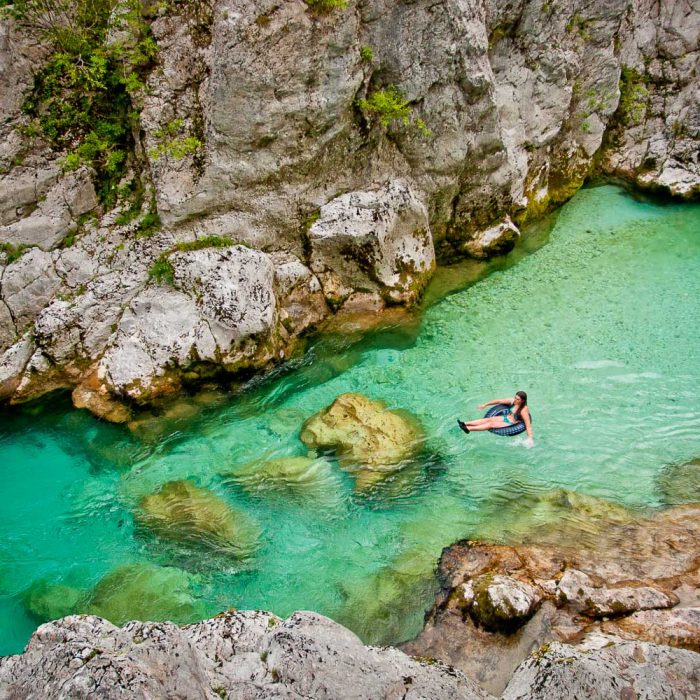 Swimming in the Great Soca Gorge in Slovenia
